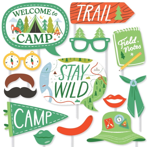 Big Dot of Happiness Camping Photo Booth Props Kit, Kids Birthday Decorations, Happy Camper Party Supplies - 20 Count Selfie Prop Sticks