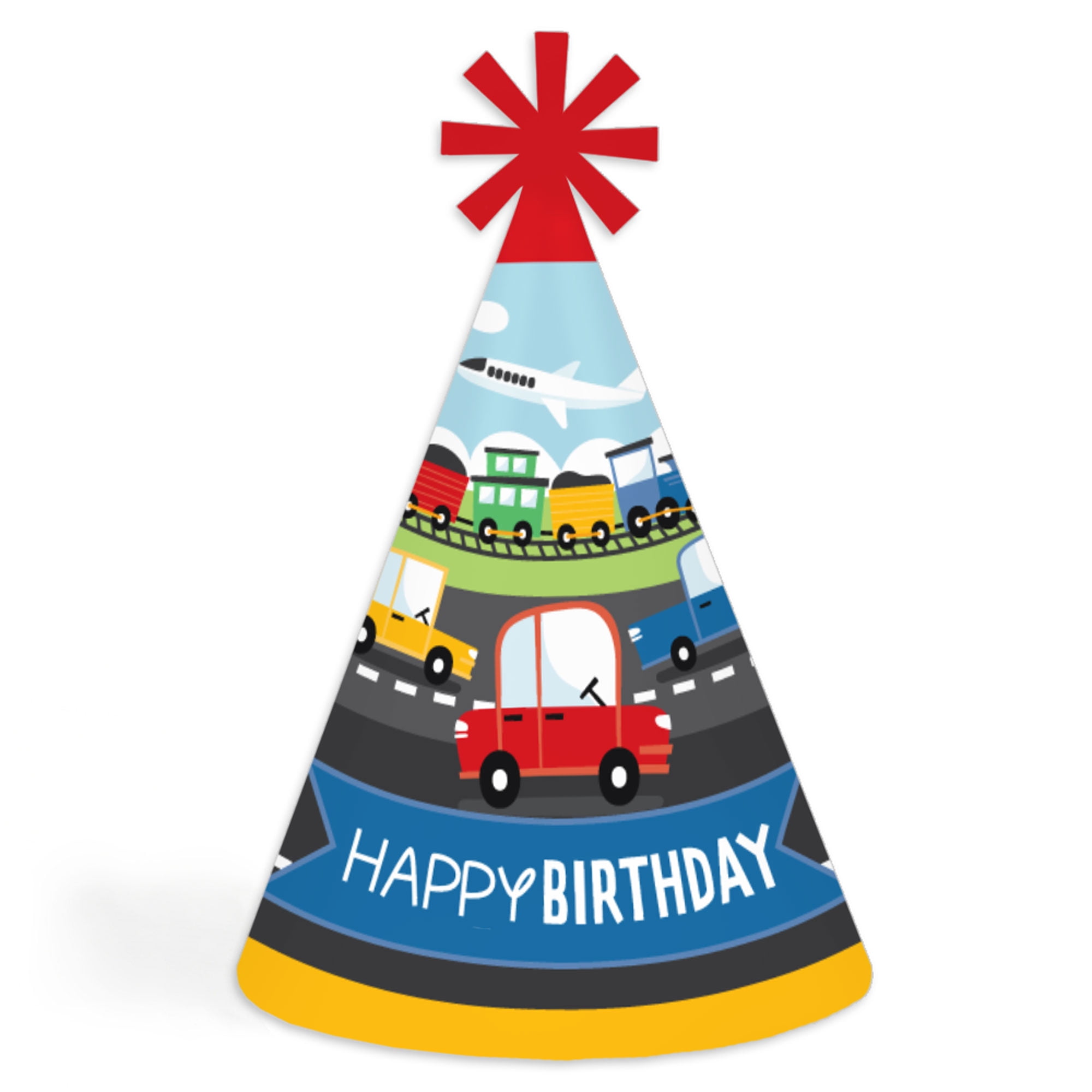 Colorful Transportation Theme Happy Birthday Party Hats for Kids and Adults - Set of 8