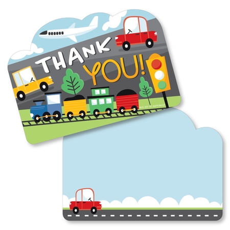 Big Dot of Happiness Cars, Trains, and Airplanes - Shaped Thank You Cards - Transportation Birthday Party Thank You Note Cards with Envelopes - 12 Ct