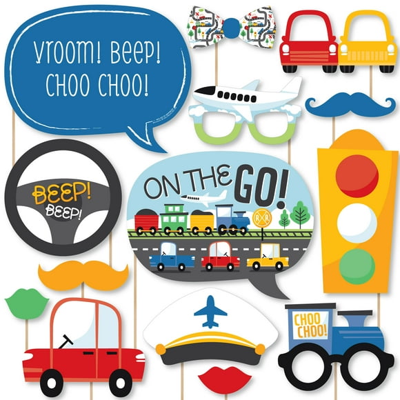 Big Dot of Happiness Cars, Trains, and Airplanes - Transportation Birthday Party Photo Booth Props Kit - 20 Count