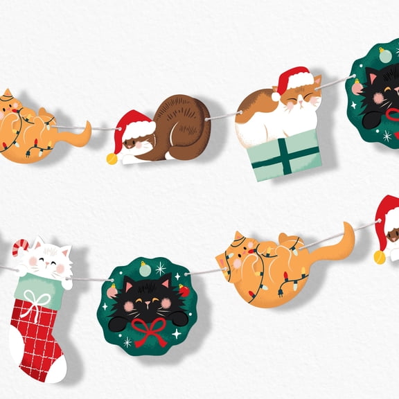 Big Dot of Happiness Cat Christmas Garland Banner, Pets Holiday Party Decorations Backdrop, 30 Feet of Cord, 15 Paper Kitten Shapes Double-Sided
