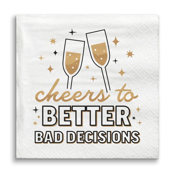 Big Dot of Happiness Cheers to Better Bad Decisions Napkins, Funny New Year's Eve Party Decor, White 3-Ply Paper Beverage Cocktail Napkins - 24 Count