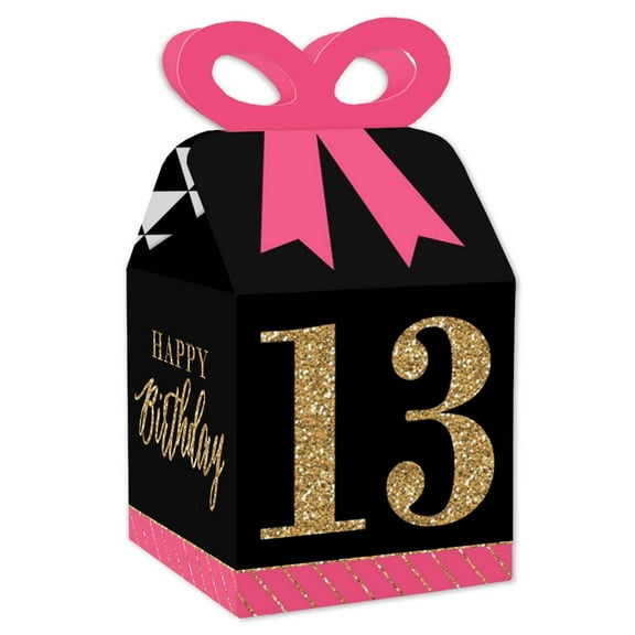 Big Dot of Happiness Chic 13th Birthday - Pink, Black and Gold - Square Favor Gift Boxes - Birthday Party Bow Boxes - Set of 12