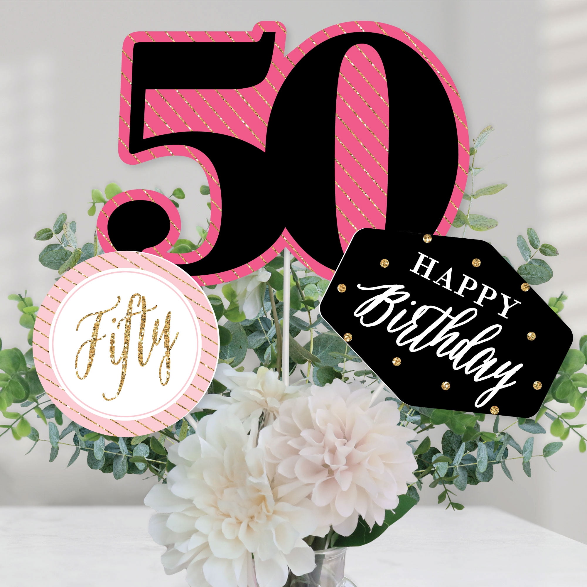 Big Dot of Happiness Chic 50th Birthday - Pink, Black and Gold - Birthday Party Centerpiece Sticks - Table Toppers - Set of 15