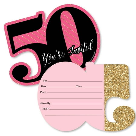Big Dot of Happiness Chic 50th Birthday - Pink, Black and Gold - Shaped Fill-in Invites - Birthday Party Invitation Cards with Envelopes - Set of 12