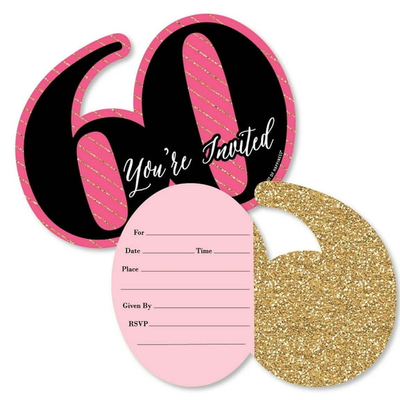 Big Dot of Happiness Chic 60th Birthday - Pink, Black and Gold - Shaped Fill-in Invites - Birthday Party Invitation Cards with Envelopes - Set of 12