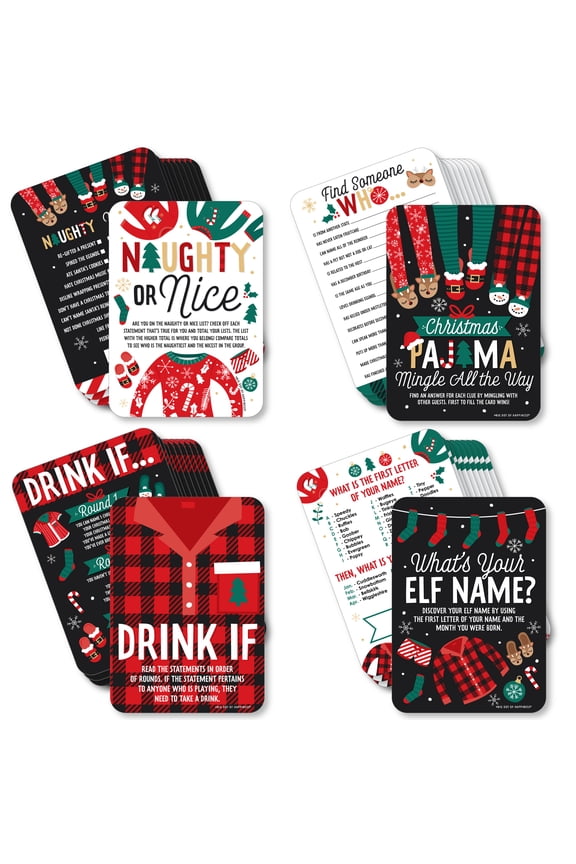 Christmas Pajamas - 4 Holiday Plaid PJ Party Games - 10 Cards Each - Gamerific Bundle
