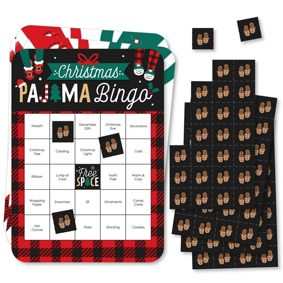 Big Dot of Happiness Christmas Pajamas - Bingo Cards and Markers - Holiday Plaid PJ Party Bingo Game - Set of 18