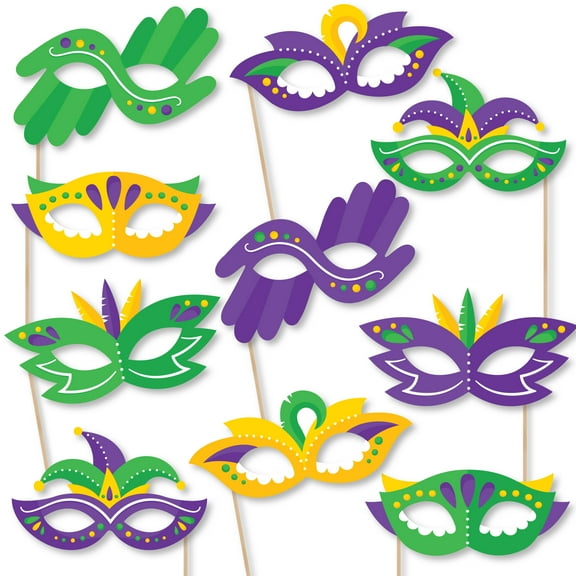 Big Dot of Happiness Colorful Mardi Gras Mask Glasses - Paper Card Stock Masquerade Party Photo Booth Props Kit - 10 Count