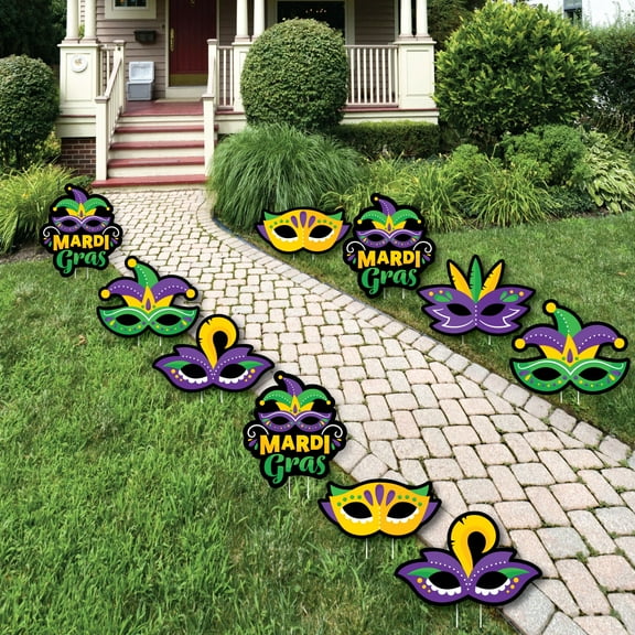 Big Dot of Happiness Colorful Mardi Gras Mask - Lawn Decorations - Outdoor Masquerade Party Yard Decorations - 10 Piece