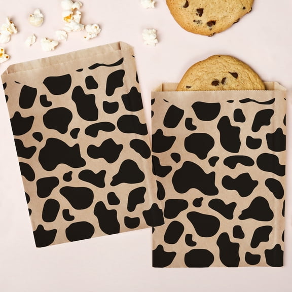 Big Dot of Happiness Cow Print Kraft Brown Paper Treat Bags, Western Rodeo Party Individual Greaseproof Brown Paper Sandwich Cookie Bags - 25 Count