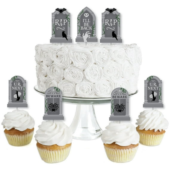 Big Dot of Happiness Creepy Cemetery - Dessert Cupcake Toppers - Spooky Halloween Tombstone Party Clear Treat Picks - Set of 24