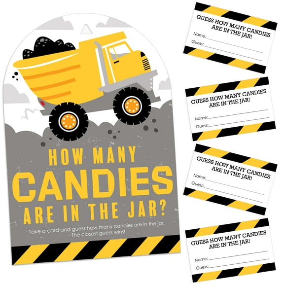 Big Dot of Happiness Dig It - Construction Party Zone - How Many Candies Baby Shower or Birthday Party Game - 1 Stand and 40 Cards Candy Guessing Game