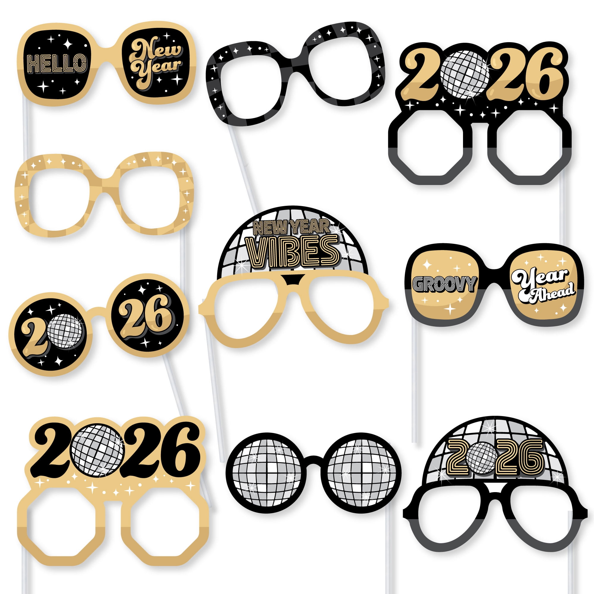 Big Dot of Happiness Disco New Year Glasses - Paper Card Stock Groovy 2026 NYE Party Photo Booth Props Kit - 10 Count