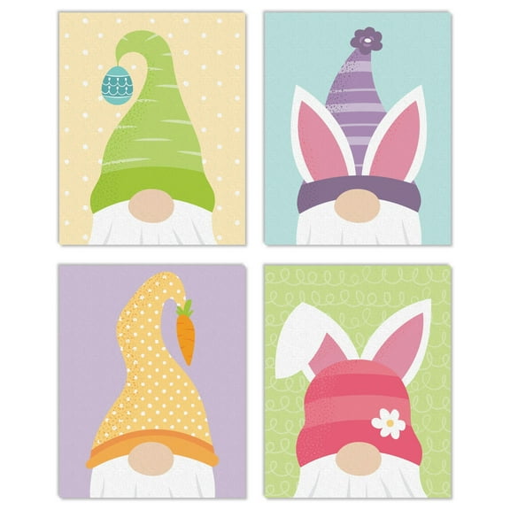 Big Dot of Happiness Easter Gnomes - Unframed Spring Bunny Linen Paper Wall Art - Set of 4 - Artisms - 8 x 10 inches