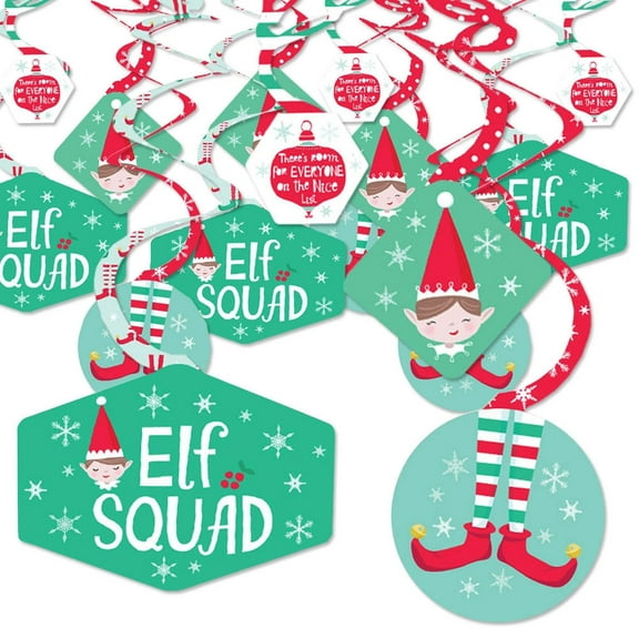 Big Dot of Happiness Elf Squad - Kids Elf Christmas and Birthday Party Hanging Decor - Party Decoration Swirls - Set of 40
