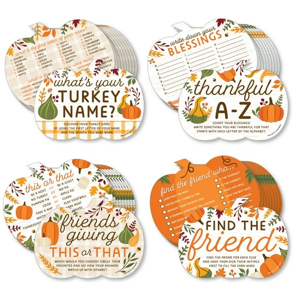 Big Dot of Happiness Fall Friends Thanksgiving - 4 Friendsgiving Party Games - 10 Cards Each - Gamerific Bundle