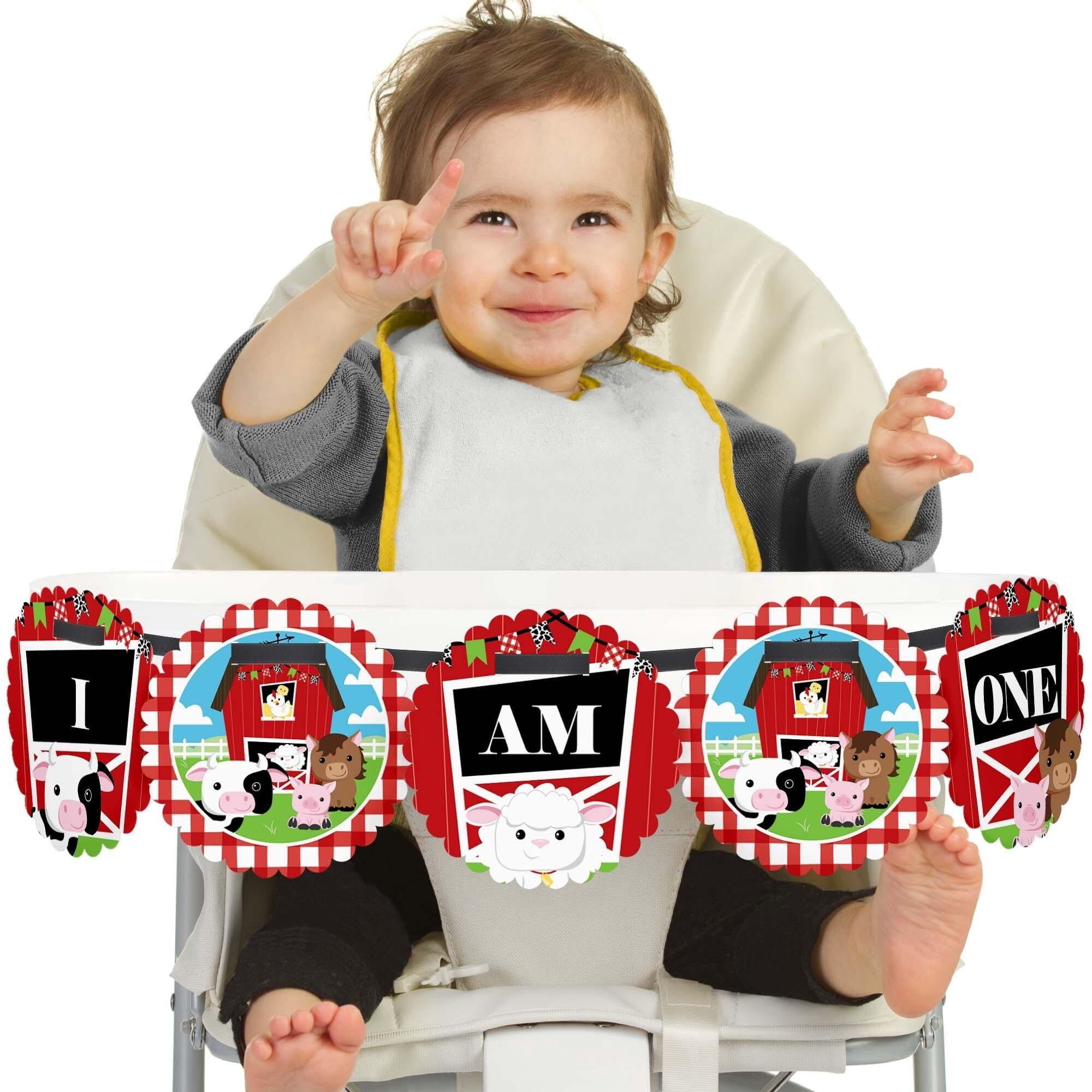 Big Dot Of Happiness Farm Animals 1st Birthday Banner: 'I Am One' High Chair Decoration With Scalloped Circles & Satin Ribbon - View #7