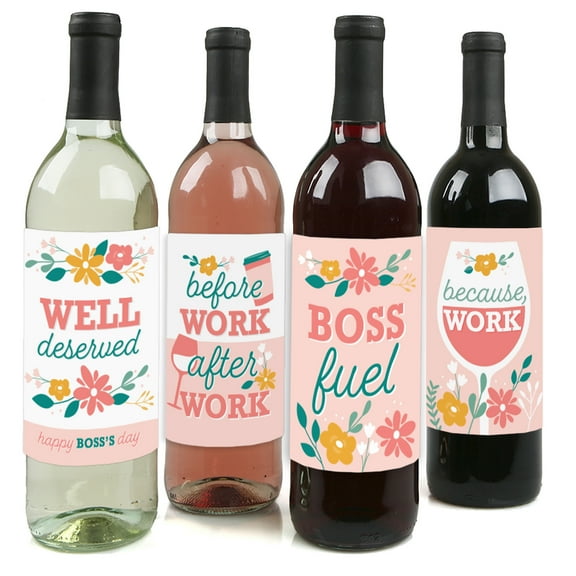 Big Dot of Happiness Female Best Boss Ever - Women Boss's Day Decorations for Women - Wine Bottle Label Stickers - Set of 4