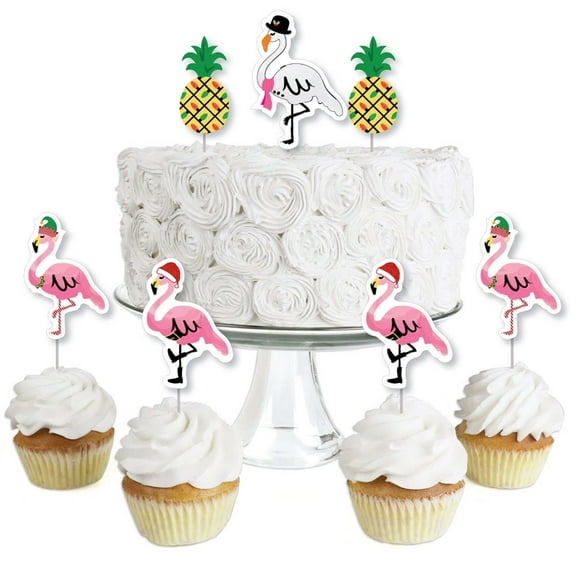 Big Dot of Happiness Flamingle Bells - Dessert Cupcake Toppers - Tropical Flamingo Christmas Clear Treat Picks - Set of 24