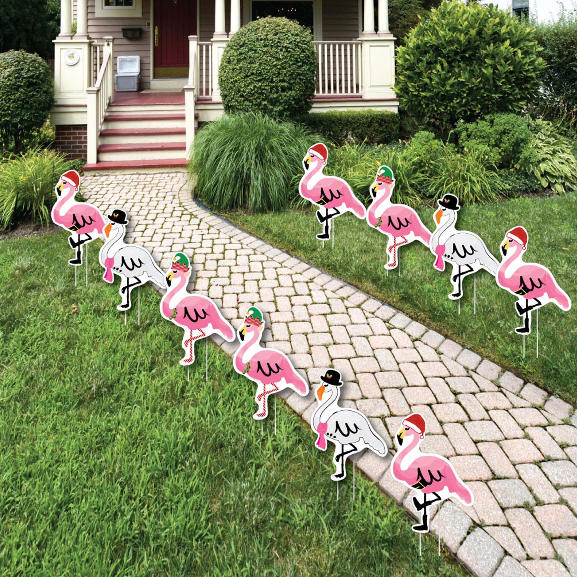 Pink and White Flamingo Christmas Lawn Decorations Set