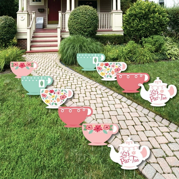 Big Dot of Happiness Floral Let's Par-Tea - Tea Pot and Tea Cup Lawn Decorations - Outdoor Garden Tea Party Yard Decorations - 10 Piece