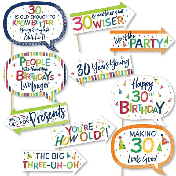 Big Dot of Happiness Funny 30th Birthday - Cheerful Happy Birthday - Colorful Thirtieth Birthday Party Photo Booth Props Kit - 10 Piece