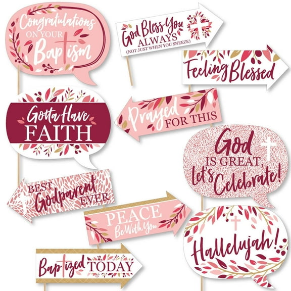 Big Dot of Happiness Funny Baptism Pink Elegant Cross - Girl Religious Party Photo Booth Props Kit - 10 Piece