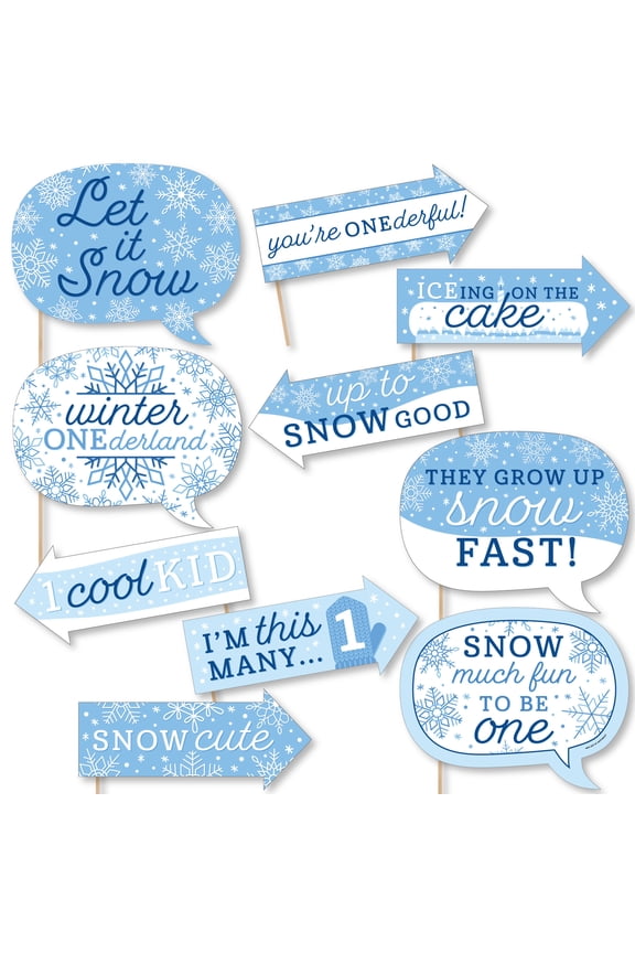 Funny Blue Snowflakes 1st Birthday - Boy Winter ONEderland Party Photo Booth Props Kit - 10 Piece