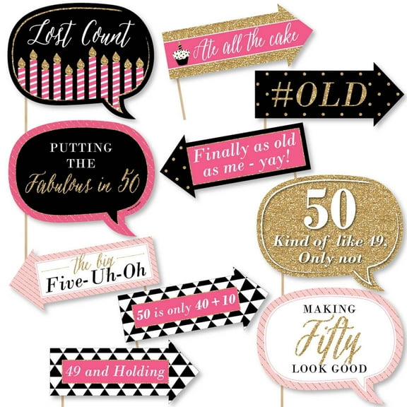 Big Dot of Happiness Funny Chic 50th Birthday - Pink, Black and Gold - Birthday Party Photo Booth Props Kit - 10 Piece