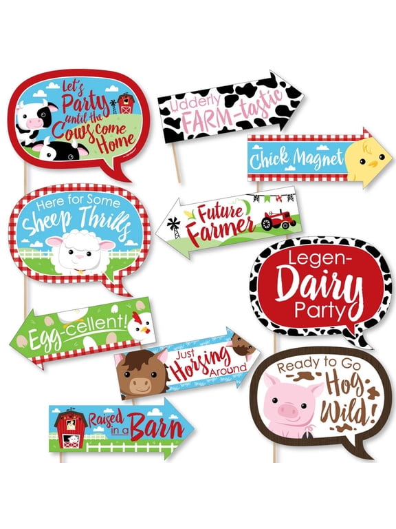 Funny Farm Animals - Baby Shower or Birthday Party Photo Booth Props Kit - 10 Piece