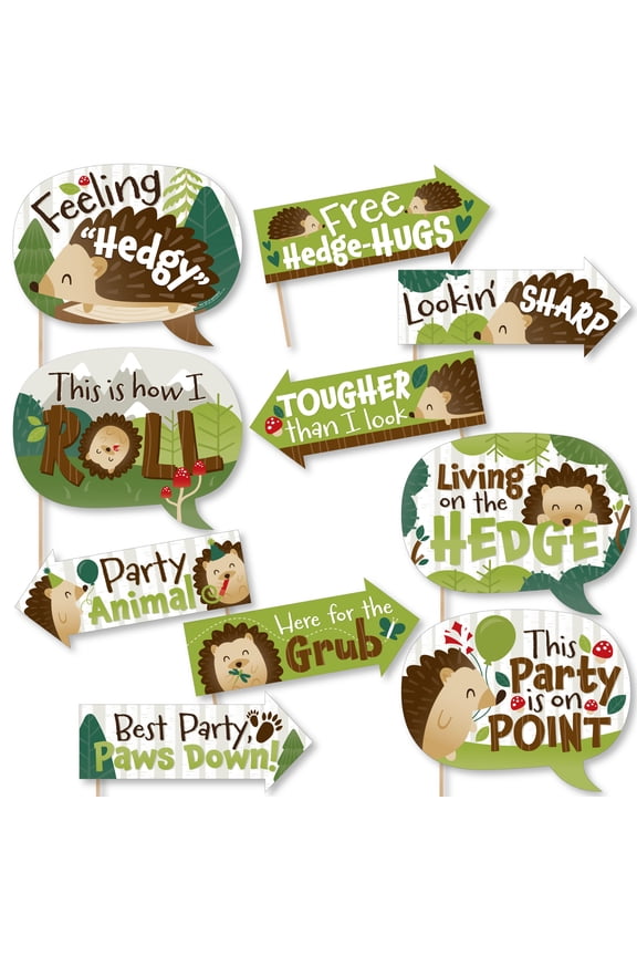 Funny Forest Hedgehogs - Woodland Birthday Party or Baby Shower Photo Booth Props Kit - 10 Piece