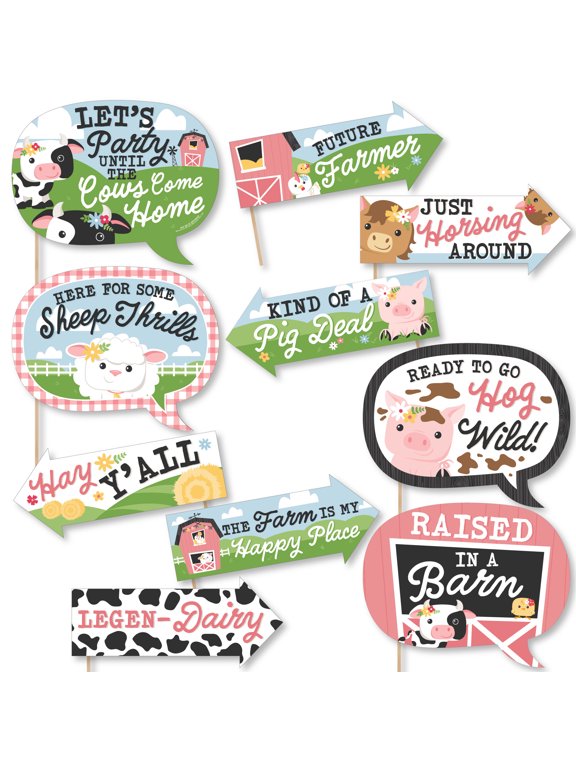 Funny Girl Farm Animals - Pink Barnyard Baby Shower or Birthday Party Photo Booth Props Kit - 10 Piece