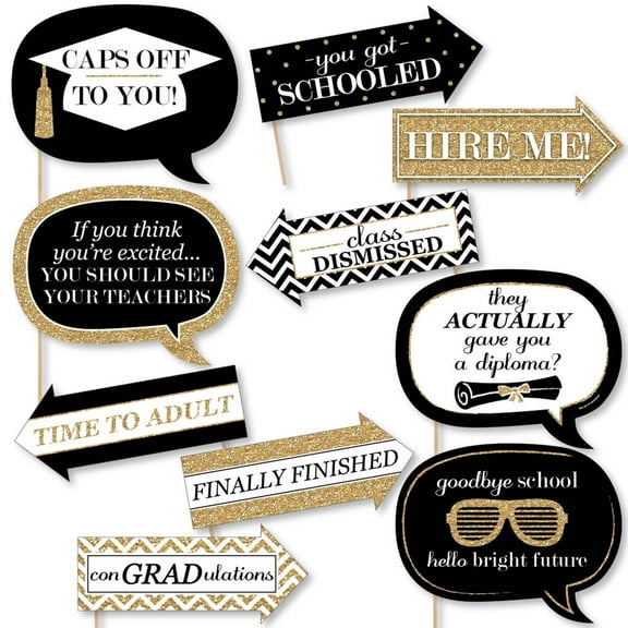 Big Dot of Happiness Funny Gold Graduation Party Photo Booth Props Kit - 10 Piece