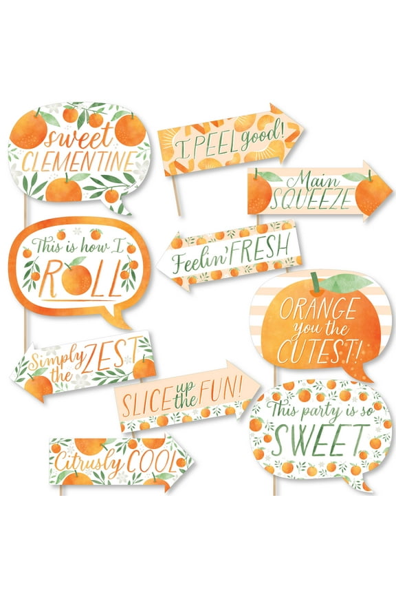 Funny Little Clementine - Orange Citrus Baby Shower or Birthday Party Photo Booth Props Kit - 10 Piece