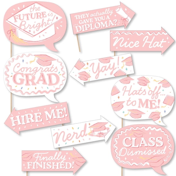 Big Dot of Happiness Funny Pink Graduation Photo Booth Props Kit, Rose Gold-Themed Decorations for Grad Party Supplies - 10 Count Selfie Prop Sticks
