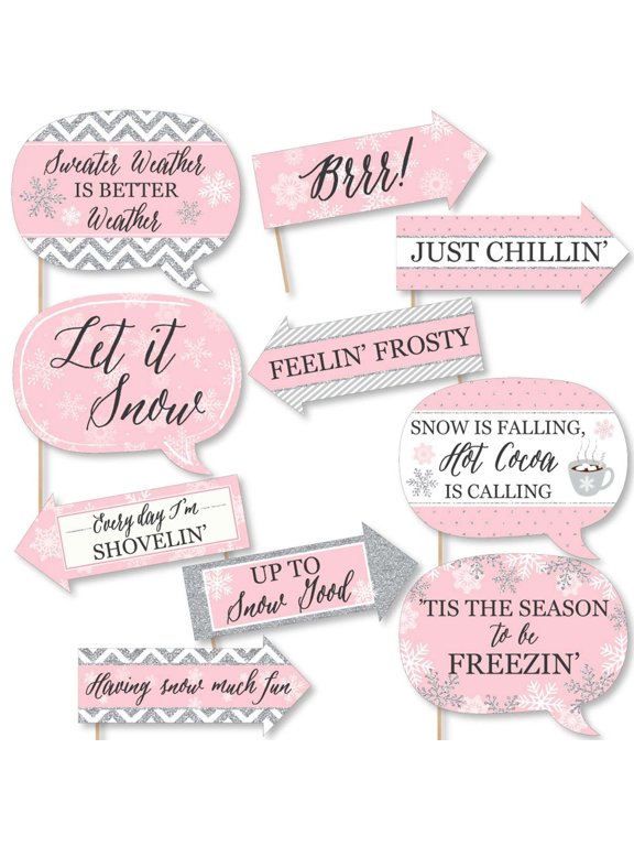 Funny Pink Winter Wonderland - Holiday Snowflake Birthday Party and Baby Shower Photo Booth Props Kit - 10 Piece