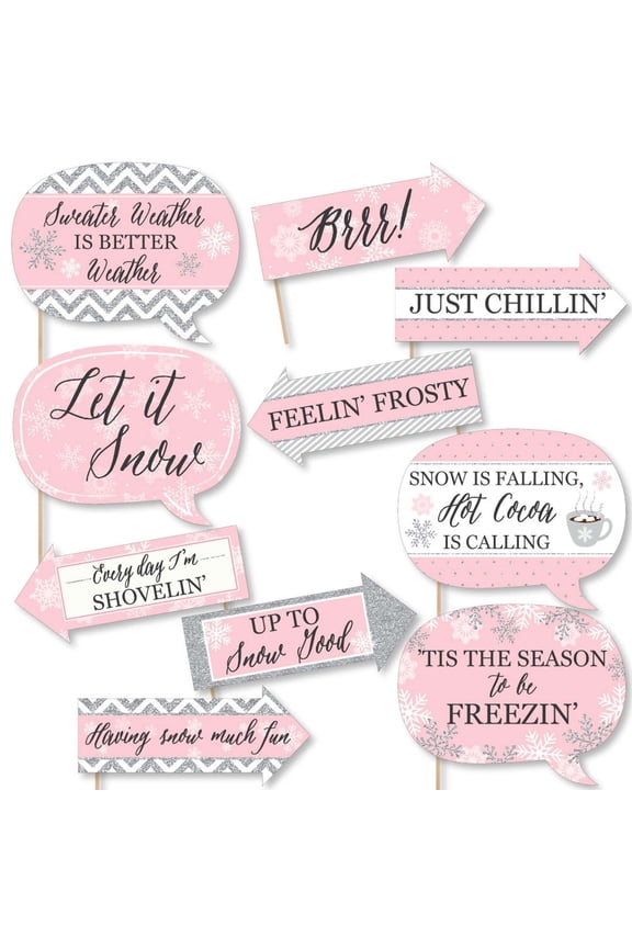 Funny Pink Winter Wonderland - Holiday Snowflake Birthday Party and Baby Shower Photo Booth Props Kit - 10 Piece