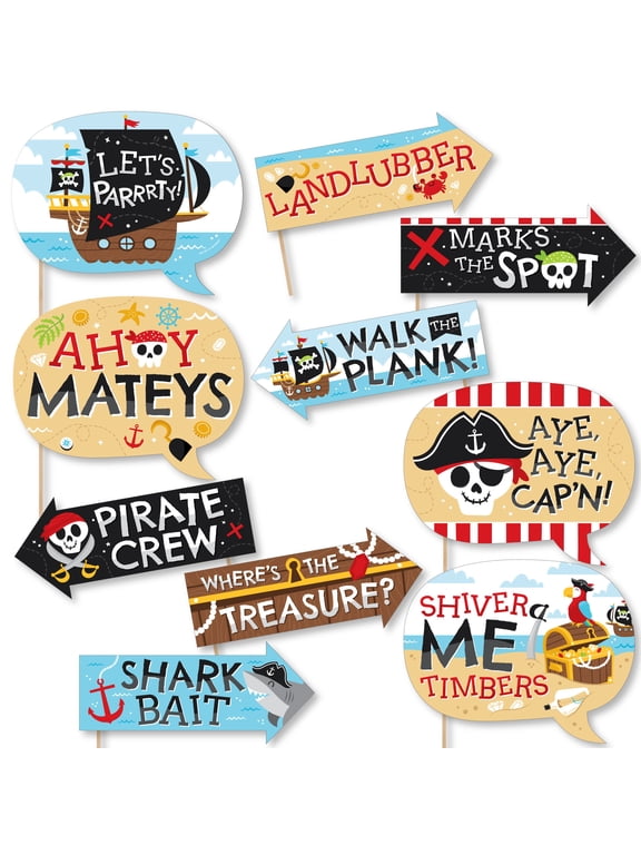Funny Pirate Ship Adventures - Skull Birthday Party Photo Booth Props Kit - 10 Piece