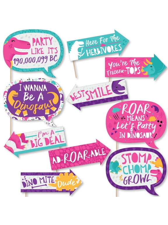Funny Roar Dinosaur Girl - Dino Mite T-Rex Baby Shower or Birthday Party Photo Booth Props Kit - 10 Piece