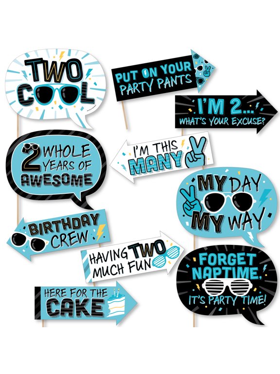 Funny Two Cool - Boy - Blue 2nd Birthday Party Photo Booth Props Kit - 10 Piece