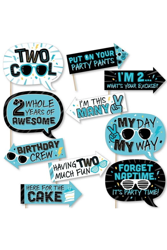 Funny Two Cool - Boy - Blue 2nd Birthday Party Photo Booth Props Kit - 10 Piece