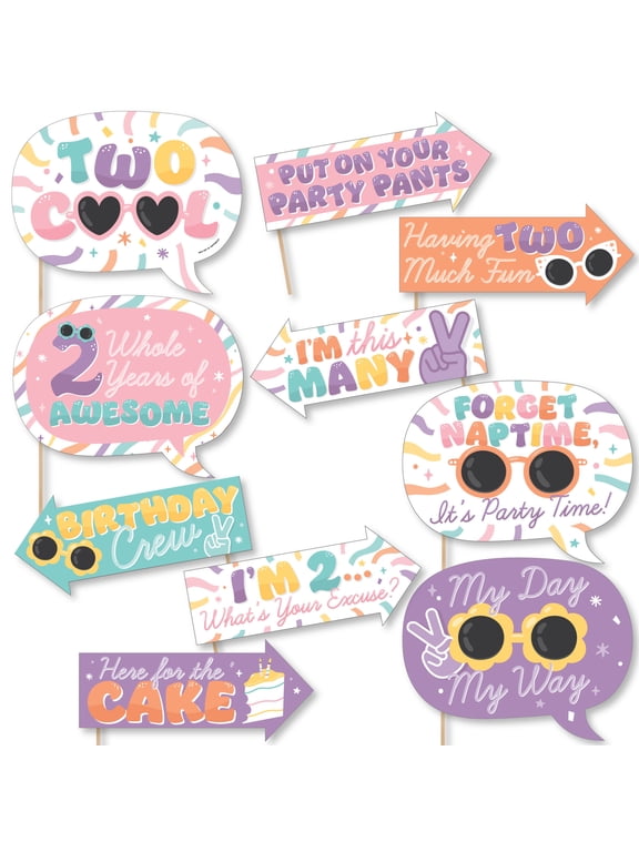 Funny Two Cool - Girl - Pastel 2nd Birthday Party Photo Booth Props Kit - 10 Piece