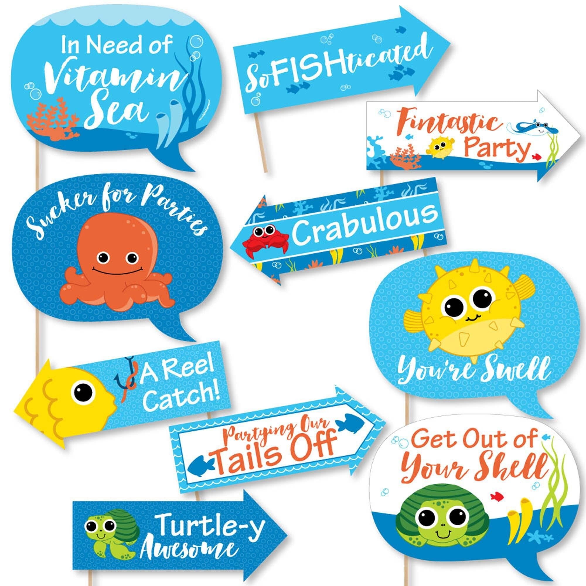 Big Dot of Happiness Funny Under the Sea Critters - Birthday Party or Baby Shower Photo Booth Props Kit - 10 Piece
