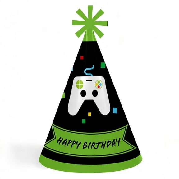 Big Dot of Happiness Game Zone - Cone Happy Birthday Party Hats for Kids and Adults - Set of 8 (Standard Size)