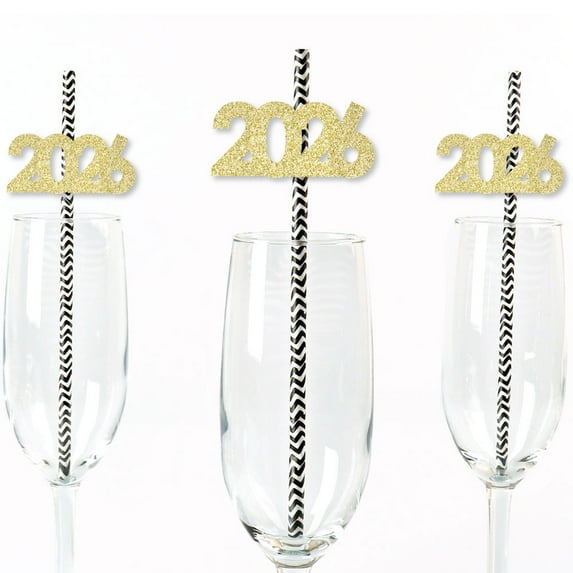 Big Dot of Happiness Gold Glitter 2026 Party Straws - No-Mess Real Gold Glitter Cut-Out Numbers New Year's Eve Party Paper Straws - Set of 24