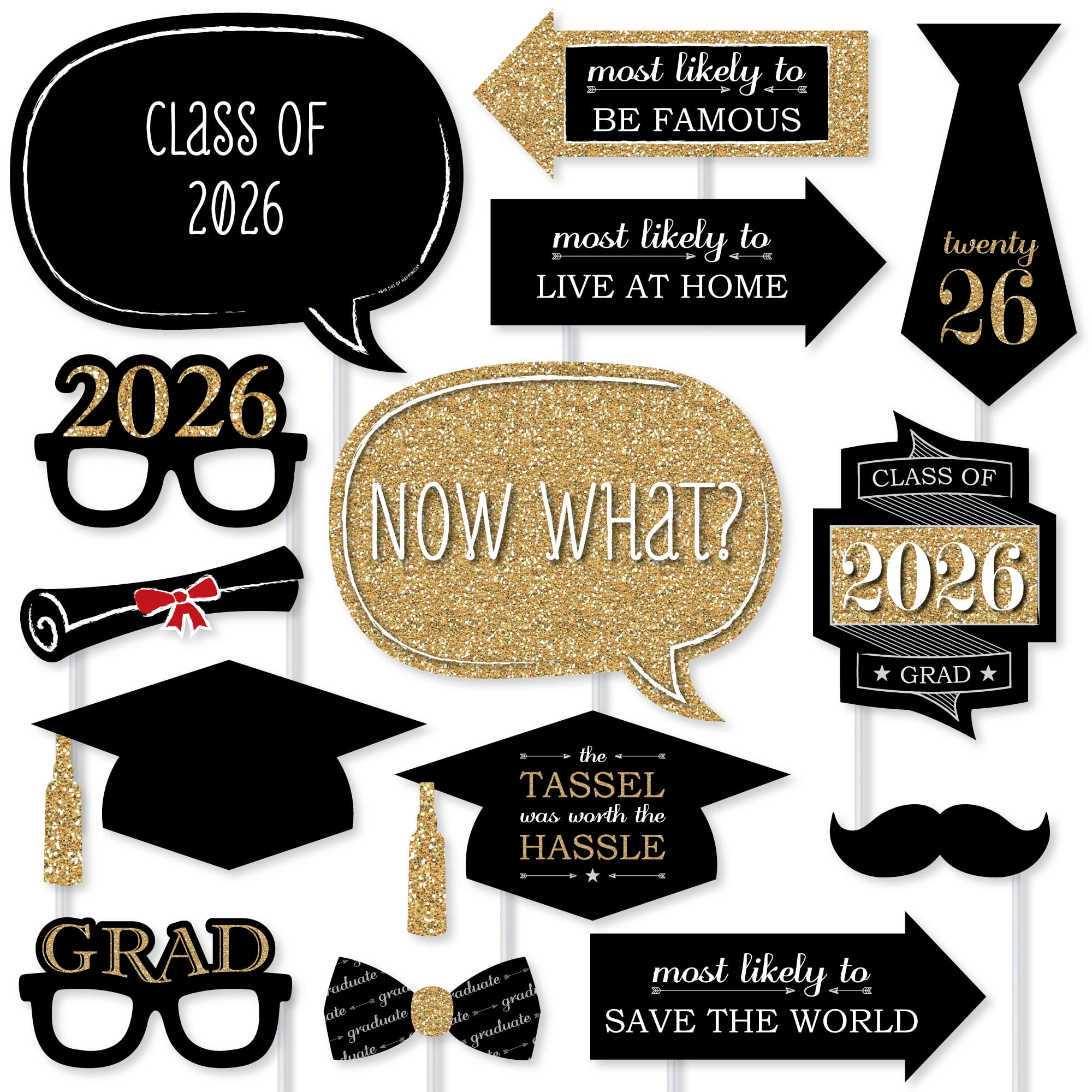 Big Dot of Happiness Gold Graduation Party - 2026 Grad Photo Booth Props Kit - 20 Count