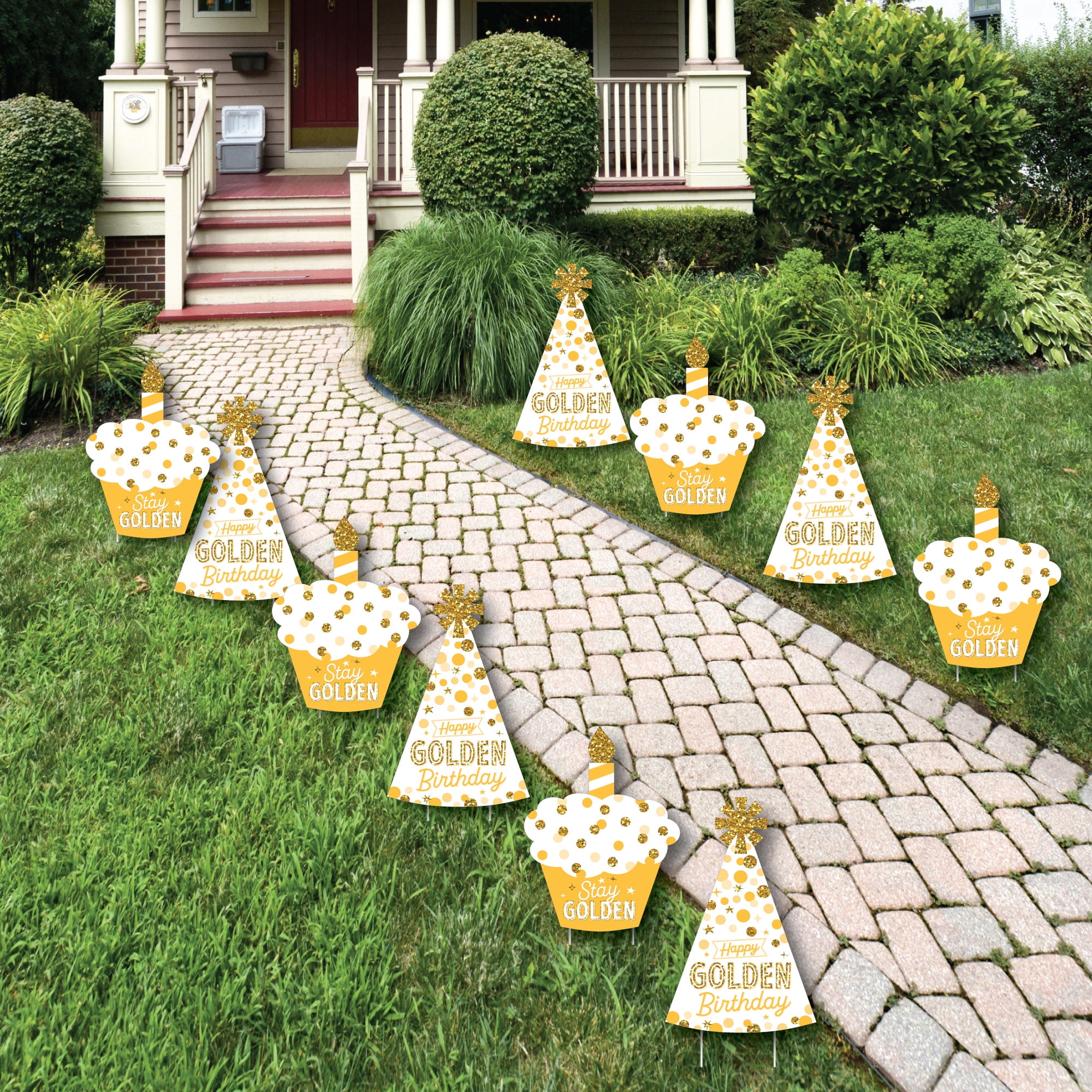 Big Dot of Happiness Golden Birthday Lawn Decorations Outdoor Happy