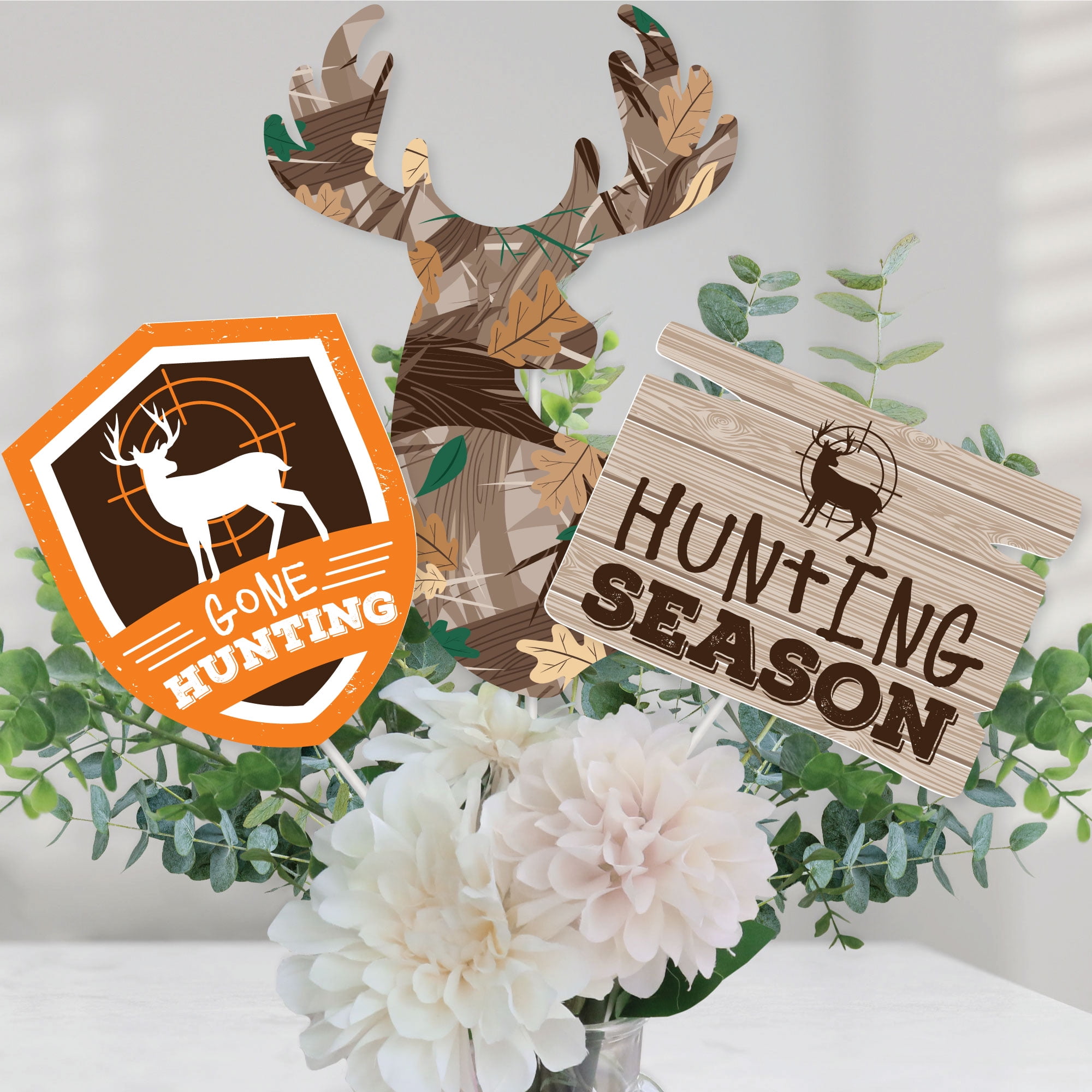 Big Dot of Happiness Gone Hunting - Deer Hunting Camo Baby Shower or Birthday Party Centerpiece Sticks - Table Toppers - Set of 15