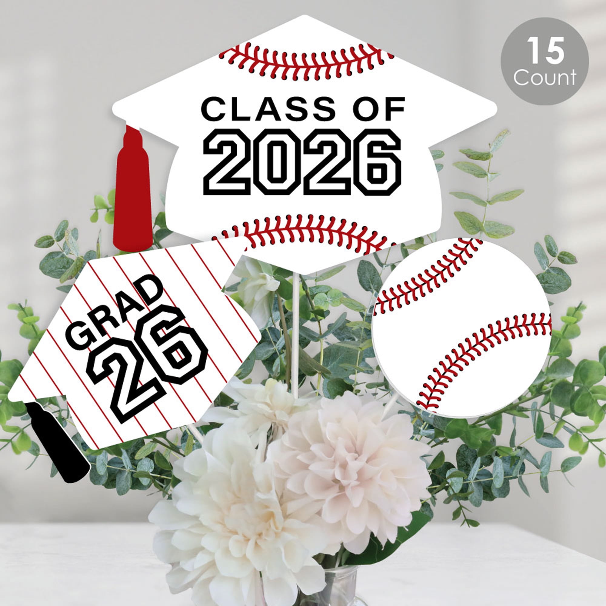 Big Dot of Happiness Grad Baseball - 2026 Graduation Party Centerpiece Sticks - Table Toppers - Set of 15
